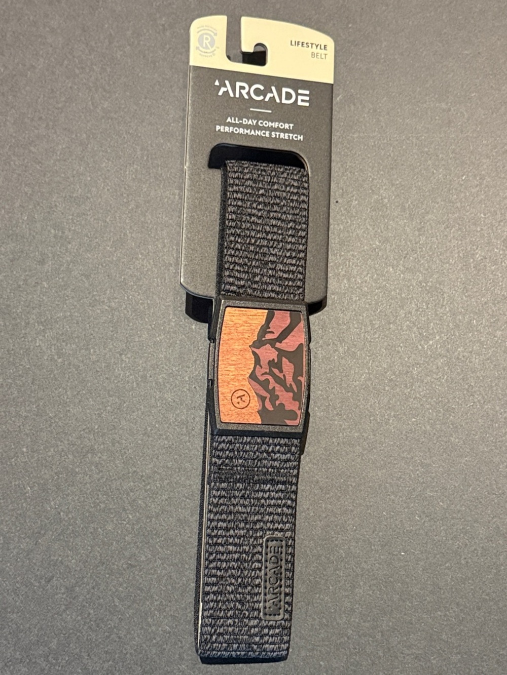 Arcade Black Stretch Belt with Wood Inlay Mountain Buckle